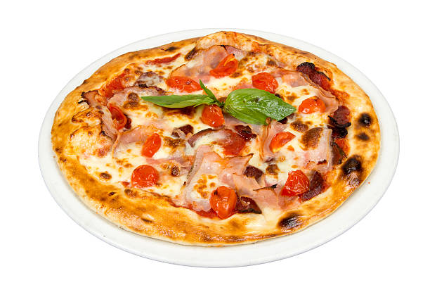 istock Pizza with cherry tomatoes, meat and cheese. 587530786