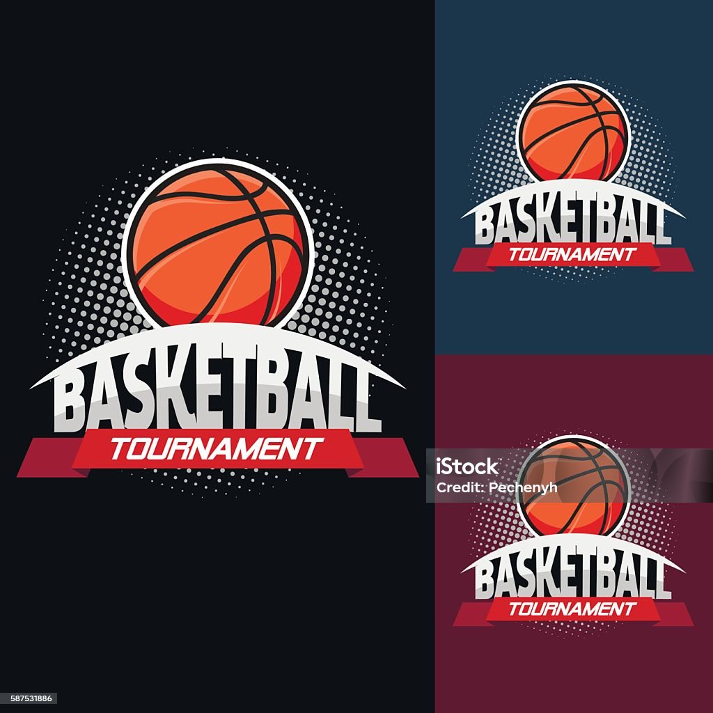 Basketball colour tournament logo Basketball colour tournament logo label in vintage style with half tone background - stock vector Basketball - Ball stock vector