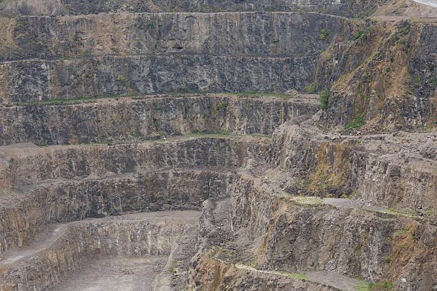 istock rock layers and tracks in an industrial limestone quarry 587532614
