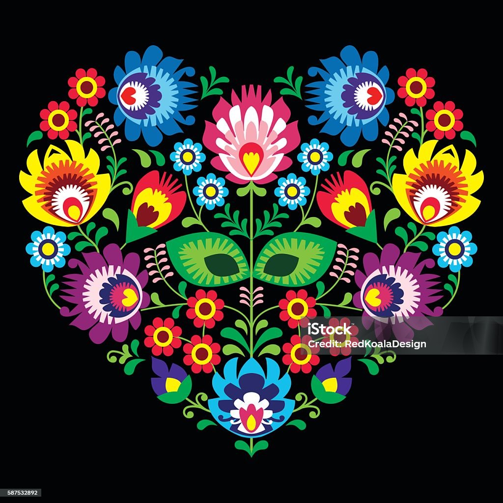 Polish, Slavic folk art art heart with flowers on black Decorative traditional vector patterns set - paper cutouts style isolated on back Central Europe stock vector