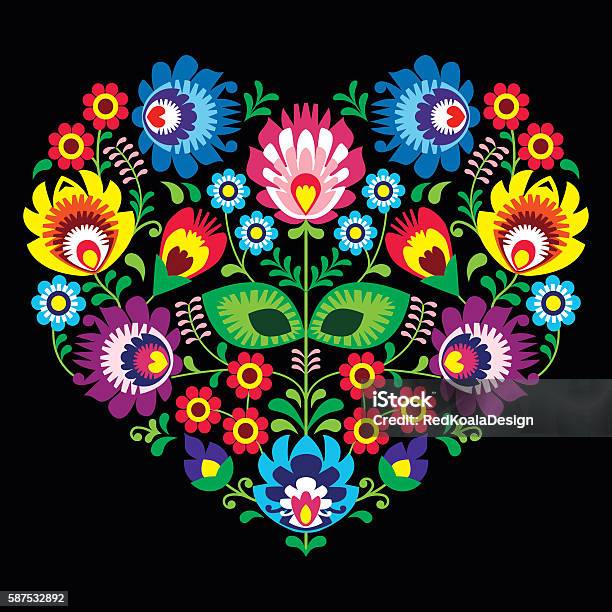 Polish Slavic Folk Art Art Heart With Flowers On Black Stock Illustration - Download Image Now