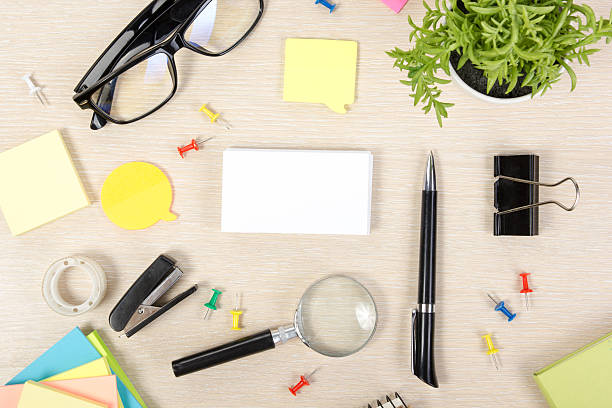 istock White blank business card. Office table desk with set of 587536610