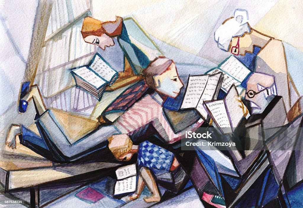 Reading books everybody in family like read books Painting - Art Product stock illustration