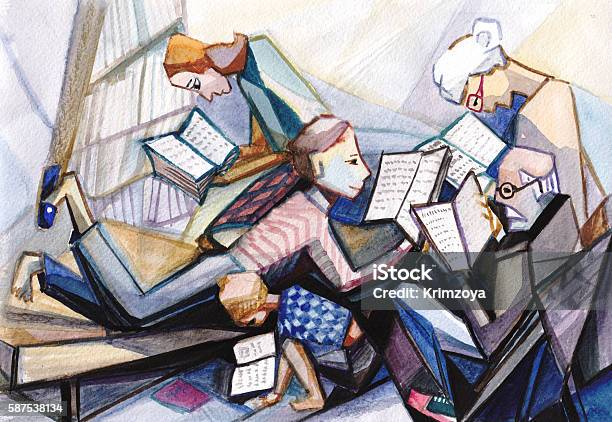 Reading Books Stock Illustration - Download Image Now - Painting - Art Product, Cubism, Book