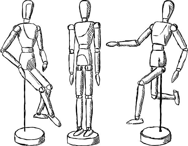 drewniana figurka sztuki manekina - wood mannequin men standing stock illustrations