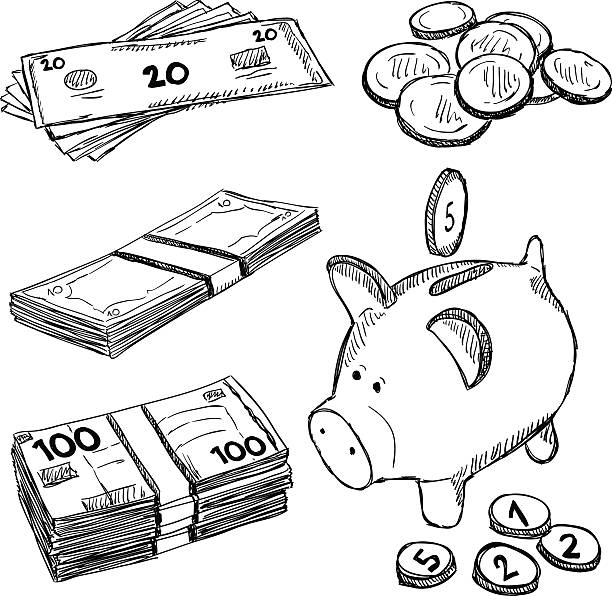 Money and coins doodles Money and coins doodles. Illustration of finance and currency. Sketch style drawing. change drawings stock illustrations