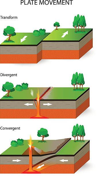 Tectonic Plates. Plate movement Plate movement. A cross section illustrating the main types of tectonic plate boundaries. convergent, divergent, and transform fault geology stock illustrations