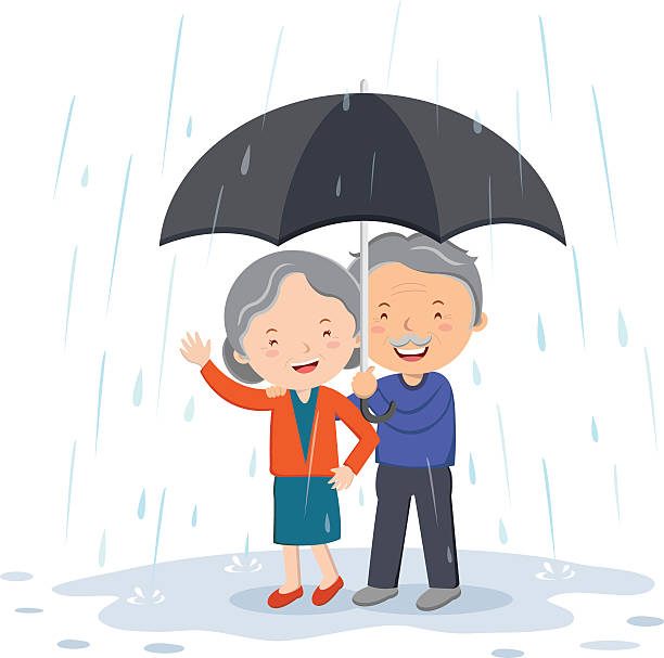 illustrations, cliparts, dessins animés et icônes de couple de personnes âgées sous le parapluie sous la pluie - rain women umbrella parasol