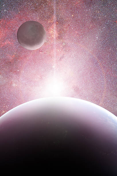 istock Planet and Moon on starry background with sunrise over horizon. 587544362