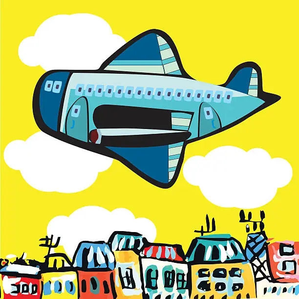 Vector illustration of cartoon airplane flying over the city
