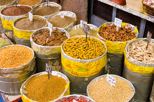 Variety of spices on moroccan market