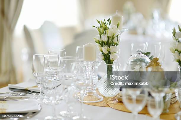 Table Set For An Event Party Or Wedding Reception Stock Photo - Download Image Now - Crystal Glassware, Wedding, Decoration