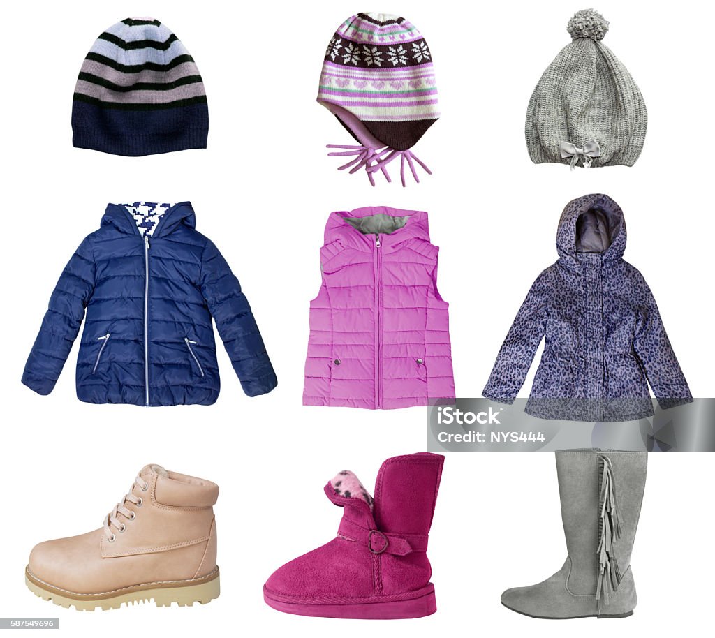 Collage de ropa de invierno de niña ambientado aislado sobre blanco. - Foto de stock de Abrigo libre de derechos