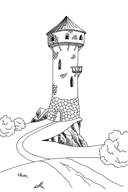 Vector illustration of Old tower graphic art black white landscape sketch illustration vector