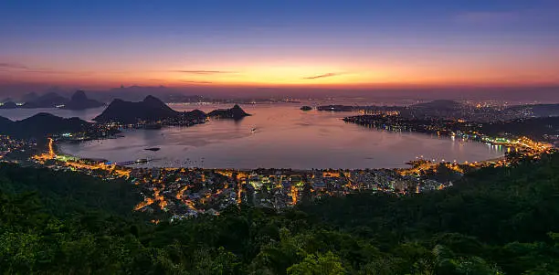 Night view of Rio de Janeiro in the horizon after the sunset from the City Park in Niteroi, Brazil.