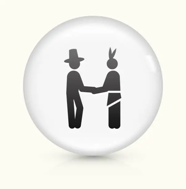 Vector illustration of Pilgrim and Native American icon on white round vector button