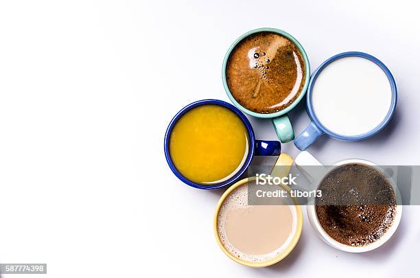 Five Cups On A White Background Stock Photo - Download Image Now - Coffee Break, Tea - Hot Drink, Coffee - Drink