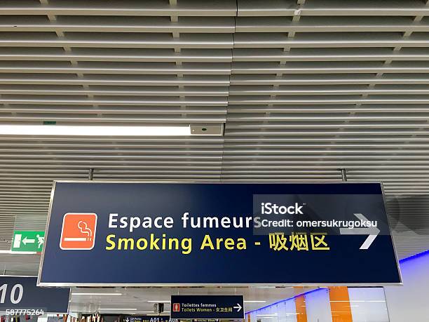 Smoking Area Sign Stock Photo - Download Image Now - Airport, Paris - France, Ceiling