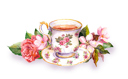 Teacup and tea pot with pink flowers - rose and cherry blossom. Watercolor