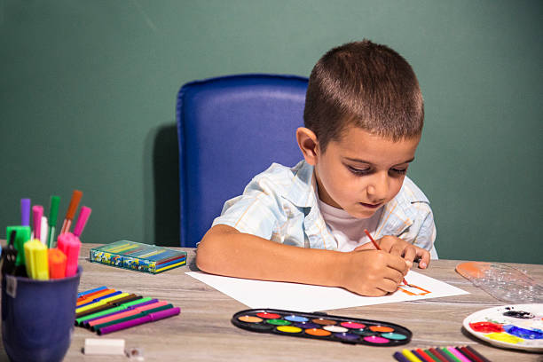 Small child painting with watercolors. Close up of boy holding brush and painting on white paper.