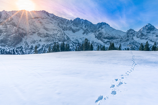 Sunny, alpine landscape with the peaks of the Austrian Alps mountains on the horizon and a thick blanket of snow in the foreground, with footprints on it. Image captured in Ehrwald municipality, Austria.