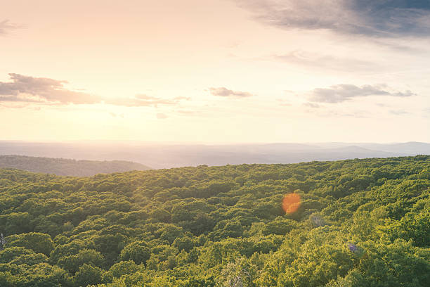 This is a horizontal, color, royalty free stock photograph of a scenic mountain sunset over the valley viewed from Sam's Point in Minnewaska State Park located in Ulster County in the Catskill region of upstate New York. Photographed with a Nikon D800 DSLR camera in summer.