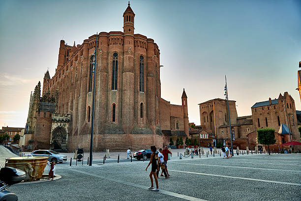 town square and cathedral in albi - editorial built structure fountain town square imagens e fotografias de stock