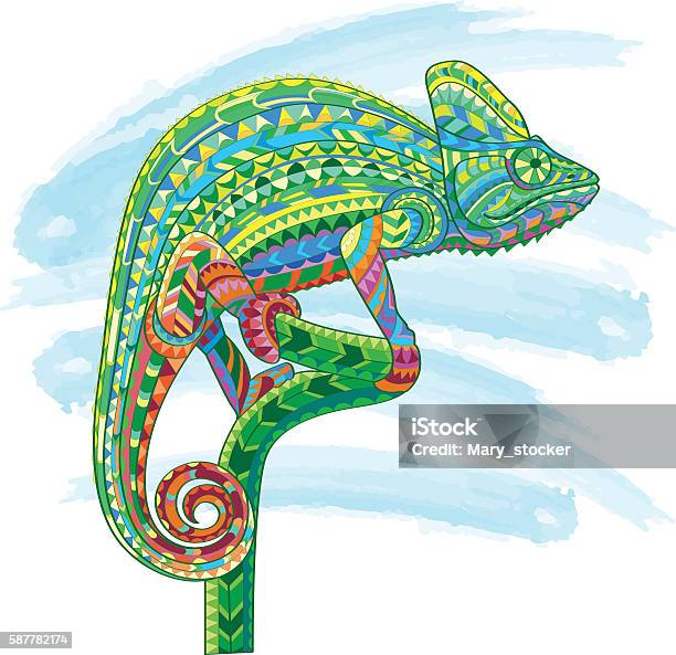 Hand Drawn Colored Doodle Outline Chameleon Illustration Decorative In Stock Illustration - Download Image Now