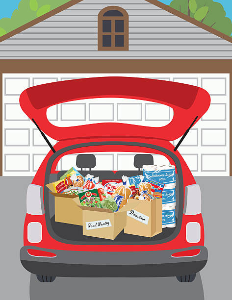 ilustrações, clipart, desenhos animados e ícones de conceito de doação de banco de alimentos - driveway