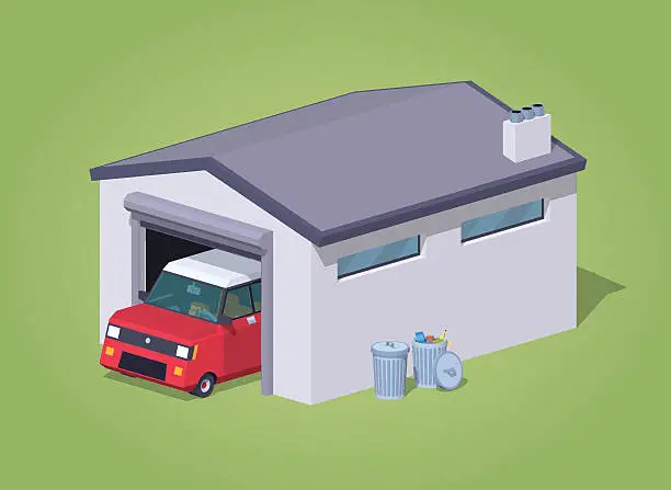 Vector illustration of Low poly white garage and red car