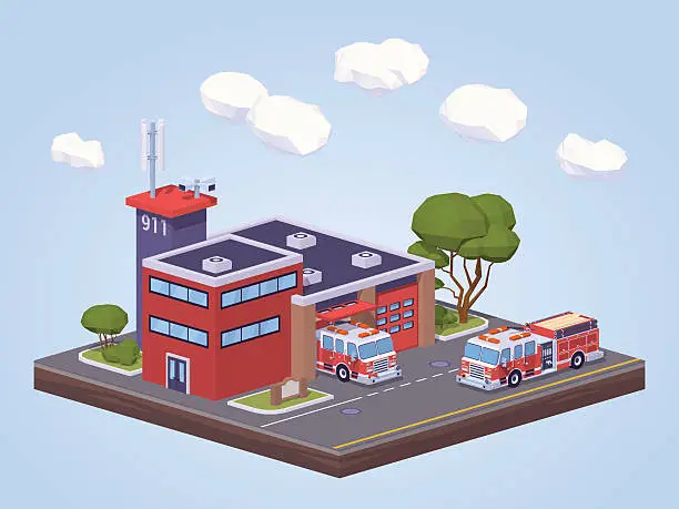 Vector illustration of Low poly fire station