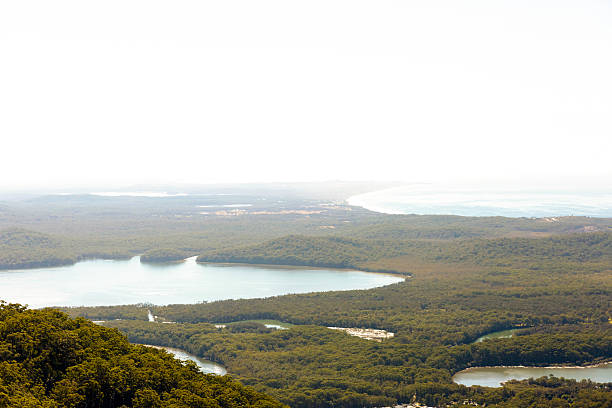 istock Arial view of lakes and ocean landscape, Australia, copy space 587786020