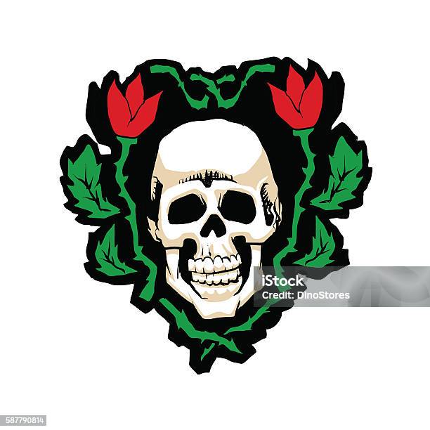 Skull And Flowers Stock Illustration - Download Image Now - Arts Culture and Entertainment, Black Color, Casual Clothing