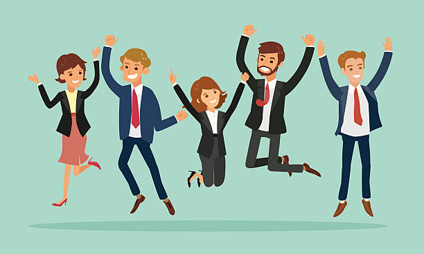 деловые люди прыжки празднования успеха мультфильм иллюстрации - cheering business people group of people stock illustrations