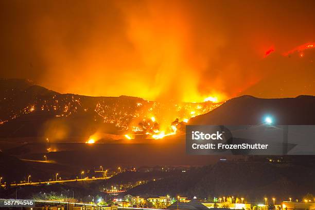 Night Long Exposure Photograph Of The Santa Clarita Wildfire Stock Photo - Download Image Now