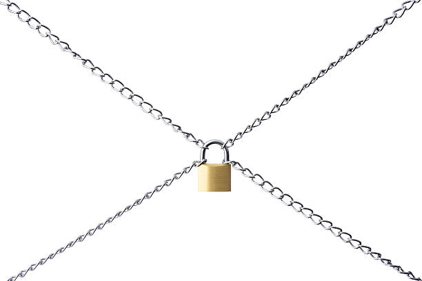 istock Isolated shot of locked padlock with chain on white background 587795878