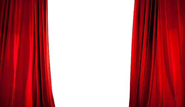 eröffnung des roten bühnenvorhangs mit weißem hintergrund - vorhang stock-fotos und bilder