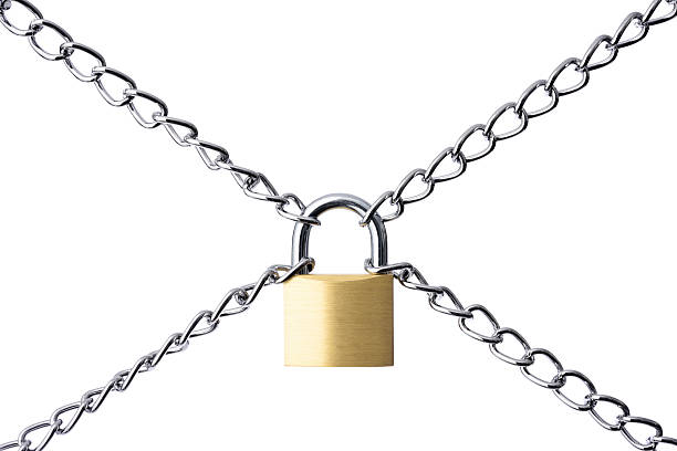 istock Isolated shot of locked padlock with chain on white background 587796332