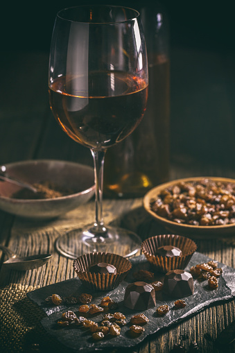 Chocolate praline with raisin and wine