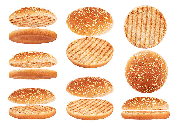 흰색 배경에 고립 된 구운 햄버거 빵. - hamburger bun bread isolated 뉴스 사진 이미지