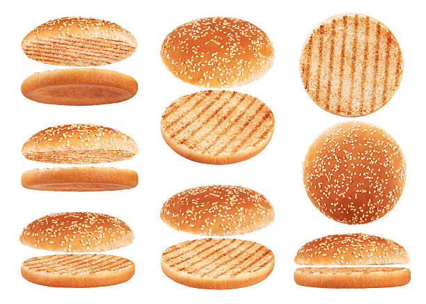 grilled burger bun isolated on white background. - bun imagens e fotografias de stock