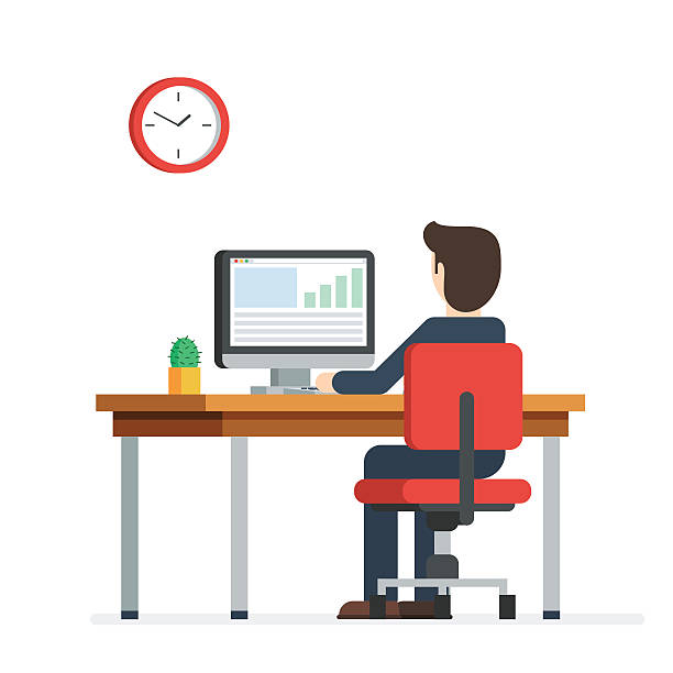 Business man working on computer Business person working on computer. Businessman sitting on a red chair behind the office Desk with a cactus, wall clock. Cool vector flat illustration character design isolated on white background man in the desk back view stock illustrations