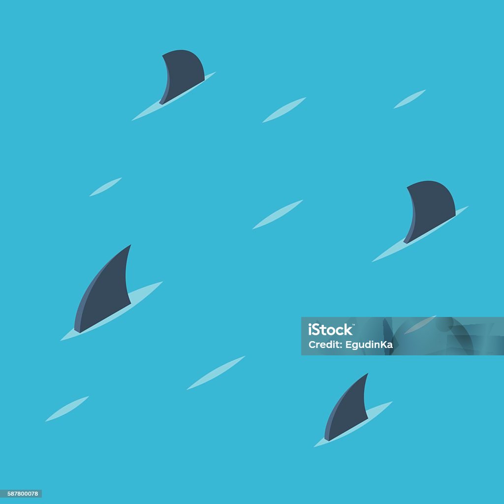 Pattern of shark fins Group of shark at sea. Danger ocean concept. Pattern of shark fins on a blue background. Vector colorful illustration isometric flat style Shark stock vector