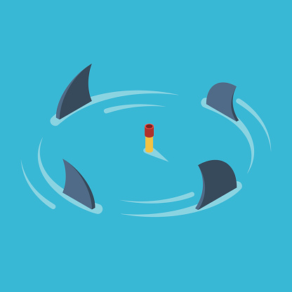 Man snorkeling in the middle of the ocean surrounded by sharks. Business metaphor the concept of risk, danger and stress. Vector colorful illustration isometric flat style