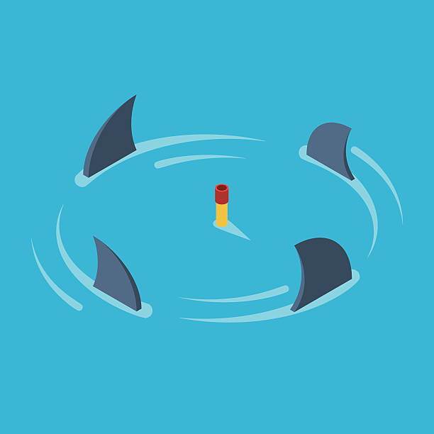 Man surrounded by sharks Man snorkeling in the middle of the ocean surrounded by sharks. Business metaphor the concept of risk, danger and stress. Vector colorful illustration isometric flat style sharks in water stock illustrations