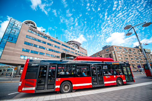 Stockholm, Sweden - July 31, 2016: Red Public bus on Stockholm street, Sweden