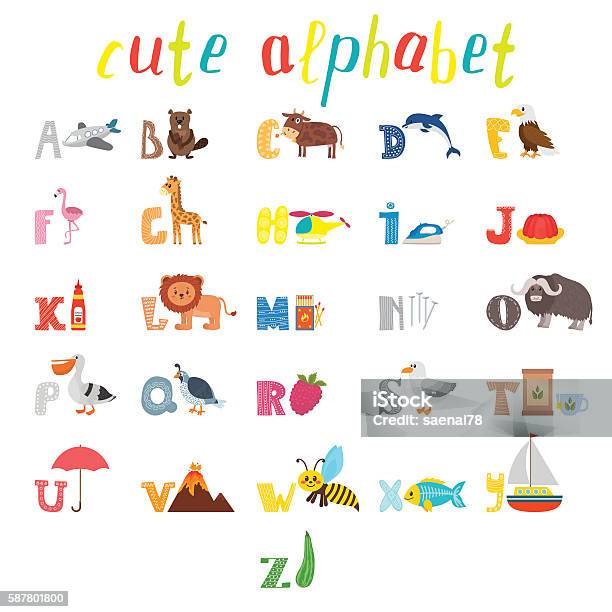  Ilustración de Abecedario Alfabeto Infantil Con Lindos Animales De Dibujos Animados y más Vectores Libres de Derechos de Letra del alfabeto