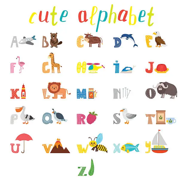 Vector illustration of ABC. Children alphabet with cute cartoon animals