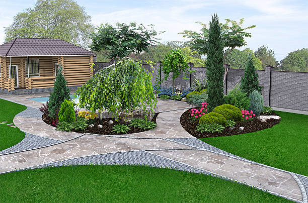 design paisagístico à beira da piscina, renderização 3d - landscape design landscaped plan - fotografias e filmes do acervo