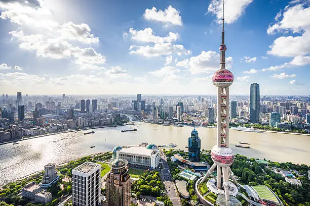 Aerial view of modern skyscrapers in Shanghai.